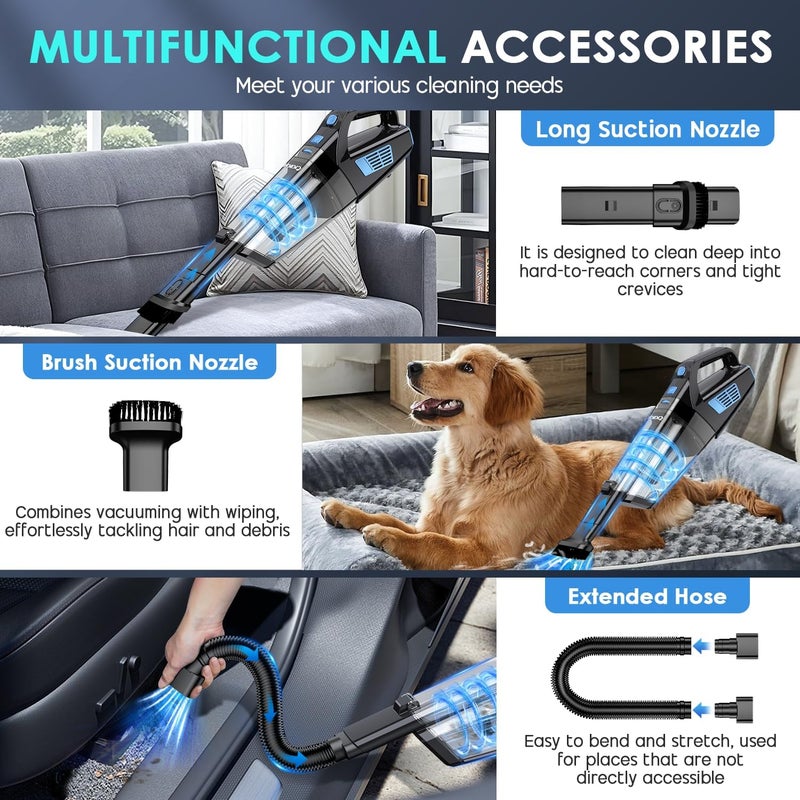 CKIKU Handheld Vacuum Cordless, 15000PA Strong Suction Hand Held Car Vacuum Cleaner Portable with Multi-Nozzles & Washable Filter, Lightweight Dust Busters Rechargeable for Home, Car, Office, Pets - Image 3
